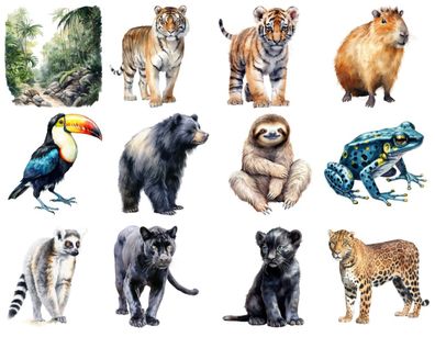 Bügelbild Bügelmotiv Dschungel Tiger Elefant Affe Tier verschiedene Größen