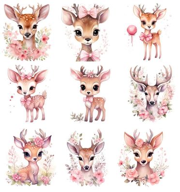Bügelbild Bügelmotiv Reh Hirsch Kitz Blumen rosa Mädchen verschiedene Größen