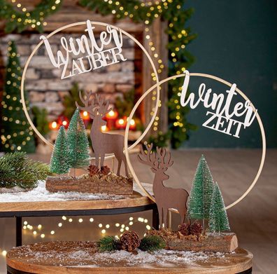 Gilde Standrelief, rund, "Winterzeit/Winterzauber", Tannenzapfenmotiv, Holz, natur