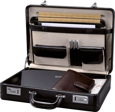 Alassio Attachékoffer Taormina Leder schwarz Echtleder Glanzoptik Velours 41033