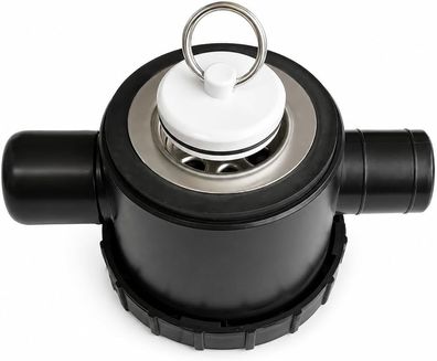 Siphon Ablauf 25 mm schwarz mit Metallsieb und Verschlussstopfen - für Auslaufloch