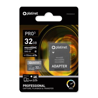 Platinet microSDHC 32 GB Class 10 U3 V30 mit SD Adapter