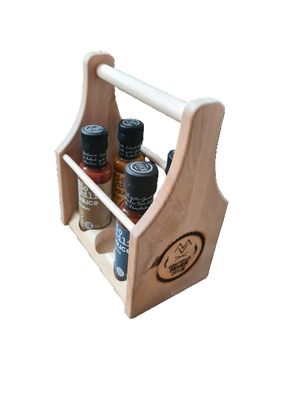 Bio-Chilisauce 4er Set Holzträger Geschenk BBQ scharfe Chili Sauce