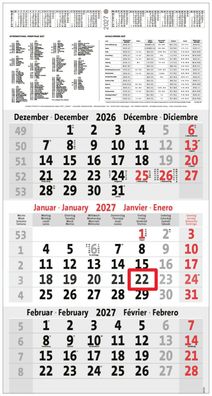 3-Monatskalender 2027 Bürokalender Wandplaner 450x235mm Dreimonatskalender klein