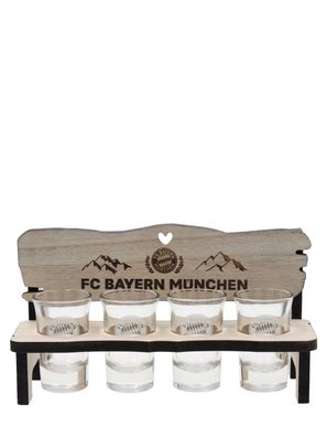 FC Bayern München Schnapsbank mit 4 Schnapsgläsern Holz