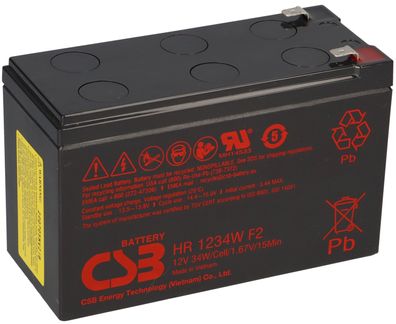 CSB HR 1234W F2 – 12 V AGM Bleiakku, High-Rate 34 W/Zelle (1,67 V/15 min), Faston