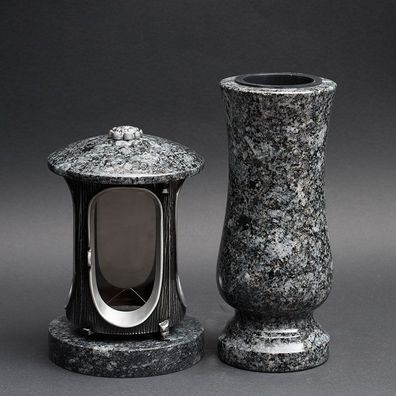 Grab-lampe Grabschmuck Set Grabvase Vase und Grablicht Grablampe Granit Azul noche