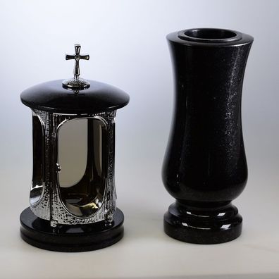 Grablaterne Grabvase Grab lampe und schwarze Granit verchromt mit Kreuz Friedhof