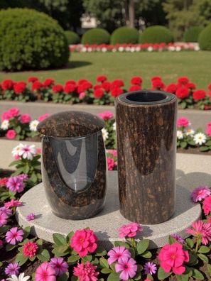 Grablampe + Grabvase Set Granit Ruby Star - Grablaterne Urnengrab Grabschmuck