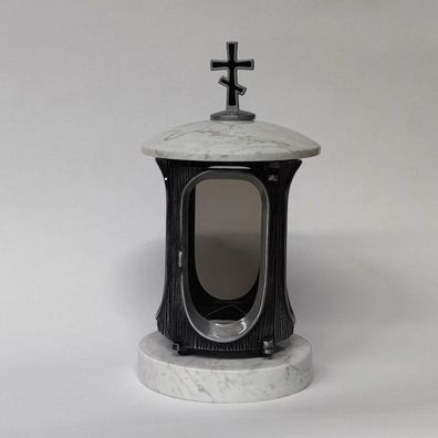 Grablampe Carrara Marmor weiß Ø 15cm - Orthodoxes Kreuz - Grableuchte massiv