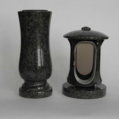 Grablampe Granit Blumenvase Grabvase Grablaterne Set steel grey
