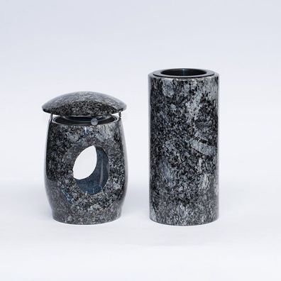 Grablampe Granit Grabschmuck Set Vase Azul Noche Friedhof Urnengrab Wetterfest