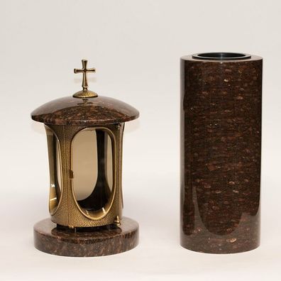 Grablampe Grablaterne Grabschmuckset Granit Vase aus Messing Ruby star Friedhof