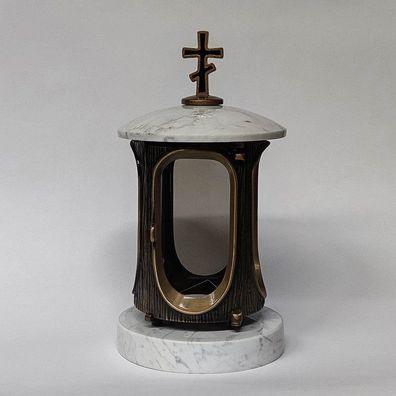 Grablampe Marmor Carrara Weiß - Orthodoxes Kreuz - Grablaterne Ø 15cm Massiv
