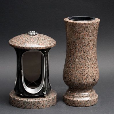 Grablampe Grablicht Grabvase Grabschmuck Set Vase und Granit BOHUS Friedhof Edel