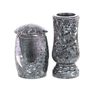 Grablampe Grabvase Blumenvase und Grabschmuck aus Granit Labrador Friedhof Edel