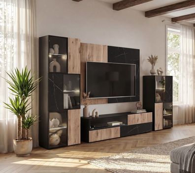 Wohnwand CANNES CS2 mit Rillenfront und Bio Ethanol Kamin LED und Push - Click