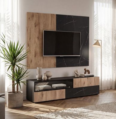Wohnwand CANNES CS1 mit Rillenfront und Bio Ethanol Kamin und Push - Click