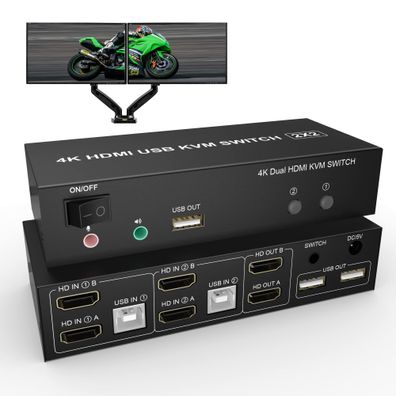 Dual Monitor HDMI KVM Switch 2 Port 4K 60Hz USB Audio Mikrofon 2 PC