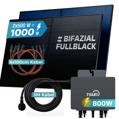 SUNNIVA® Balkonkraftwerk 1000W/800W Solaranlage TSUN 800W Bifazial Fullblack