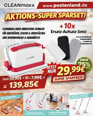 CLEANmaxx Bodenwischer Akku-Vibrations-Reiniger Sparset mit Ersatz 3er Set