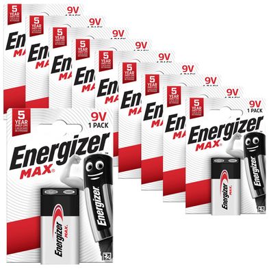 10x Energizer Batterie Alkaline E-Block 6LR61 9V Max 1er Blister