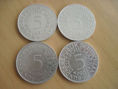 Silbermünzen 4 x 5 DM 1951 D F G J alte Mark , Silberadler kompletter Satz, Silber