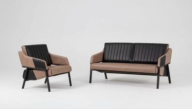 Designer Beige Sofagarnitur Zweisitzer Sessel Couch Garnitur Polster 2 + 1