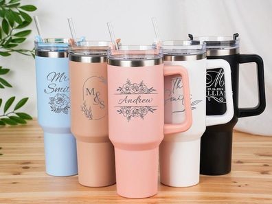 Personalized Engraved Stainless Steel 40oz Tumbler with Handle, aser Engraved Custom