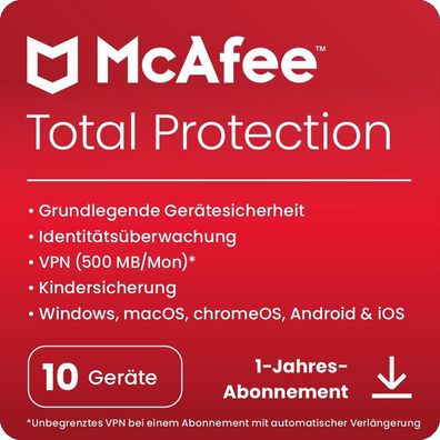 McAfee Total Protection 10 Geräte 1 Jahr PC MAC Mobile Antivirus ESD Download VPN