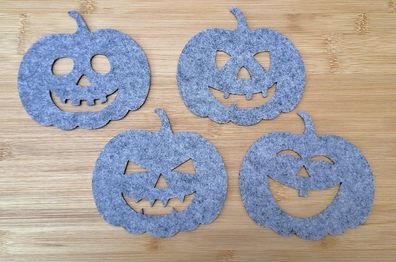 Untersetzer Filz 4er Set Hellgrau 4 versch. Kürbisgesichter Halloween Basteln