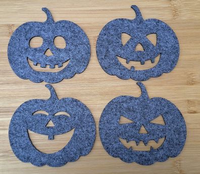 Untersetzer Filz 4er Set Dunkelgrau 4 versch. Kürbisgesichter Halloween Basteln