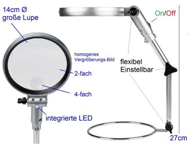 14cm Werkstatt Lupe Grosse Steh Lupe verstellbar mit Led Licht Fa. Bresser|