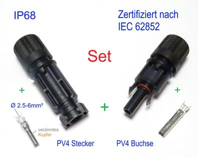 1x Set PV4 Stecker + Buchse Qualitäts Solarstecker PV4 Solar 2,5-6mmÂ² IP68 1500V|
