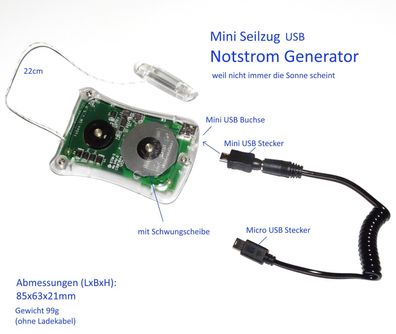 Mini Seilzug USB Notstrom Generator mit Schwungscheibe Handy Laden Micro USB|