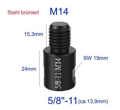 Stahl Aussen M14 auf Innen 5/8" Gewinde Adapter zöllisch metrisch 5/8"-11 schwar|