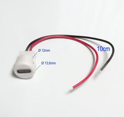 weiss USB-C Einbau Buchse rund 12V / 2A offenes Kabelende USBC|