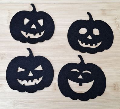 Untersetzer Filz 4er Set Schwarz 4 versch. Kürbisgesichter Halloween Basteln