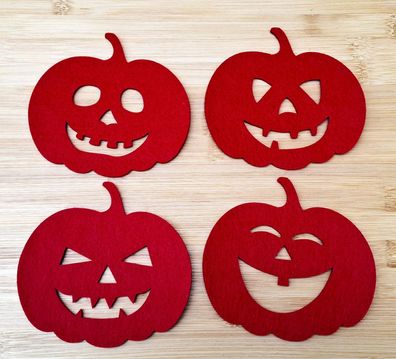 Untersetzer Filz 4er Set Rot 4 versch. Kürbisgesichter Halloween Basteln