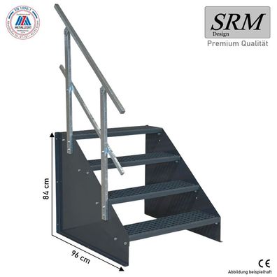4 Stufen Standtreppe Breite 60 - 160 cm Höhe 84 cm komplett schwarz 1x Geländer