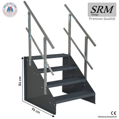 4 Stufen Standtreppe Breite 60 - 160 cm Höhe 84 cm komplett schwarz 2x Geländer