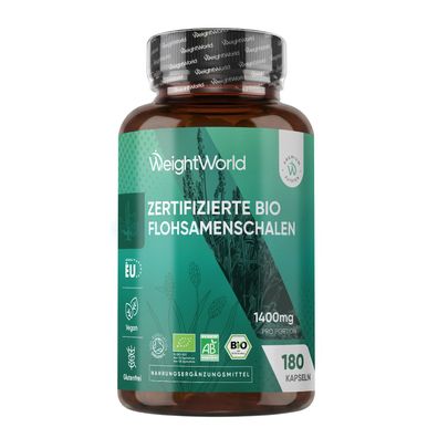 WeightWorld Bio Flohsamenschalen Kapseln 1400 mg pro Portion - 180 vegane Kapseln