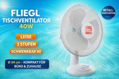 Fliegl Tischventilator 40W Weiß Leise 3 Stufen Schwenkbar 34cm Büro & Zuhause