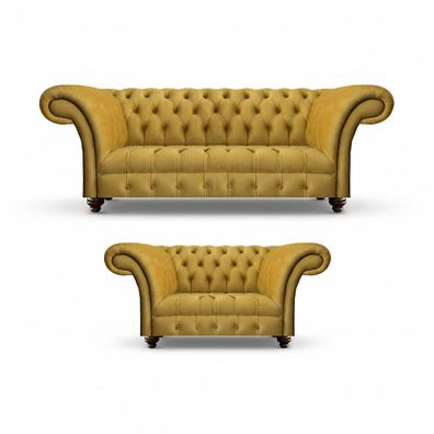 Designer Wohnzimmer Modern Gelb Sofagarnitur Set 2x Sofas Chesterfield