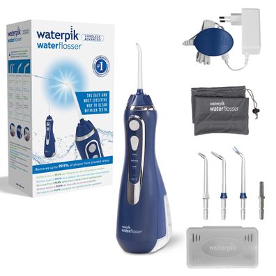 Waterpik Cordless Advanced kabellose Munddusche 3 Druckstufen 4 Aufsätze Blau