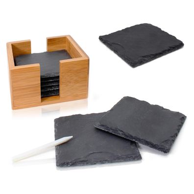 Amazy Schiefer Untersetzer Set 8 Stueck mit Kreidestift Bambushalter eckig