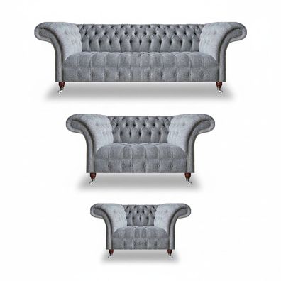 Chesterfield Grau Sofas Komplett 3tlg Sessel Design Möbel Sofagarnitur