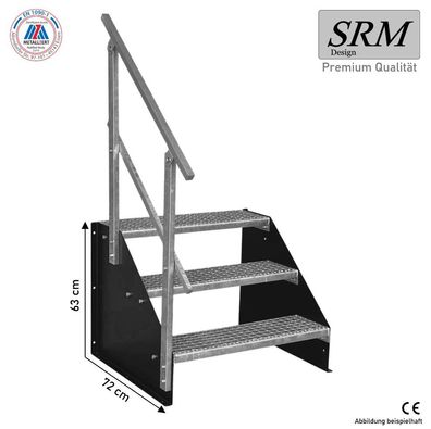 3 Stufen Treppe Breite 60 - 160 cm Standtreppe Höhe 63 cm schwarz 1x Geländer