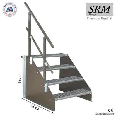 4 Stufen Treppe Breite 60 - 160 cm Standtreppe Höhe 84 cm verzinkt 1x Geländer