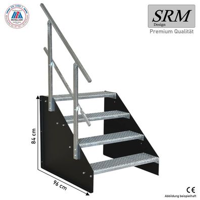 4 Stufen Treppe Breite 60 - 160 cm Standtreppe Höhe 84 cm schwarz 1x Geländer